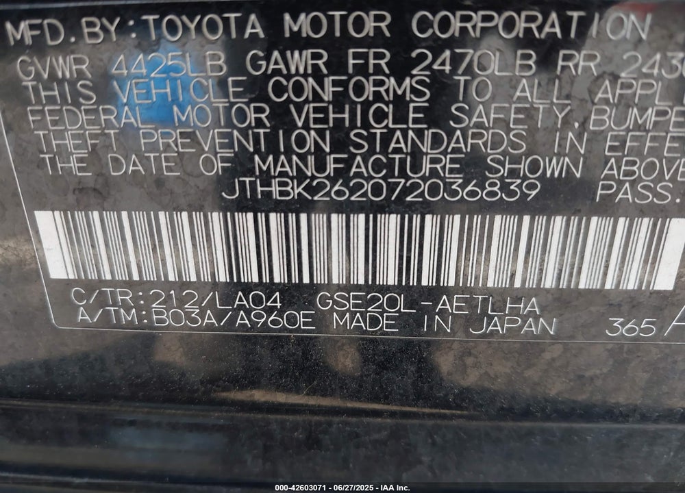 2007 LEXUS IS250 VIN: JTHBK262072036839