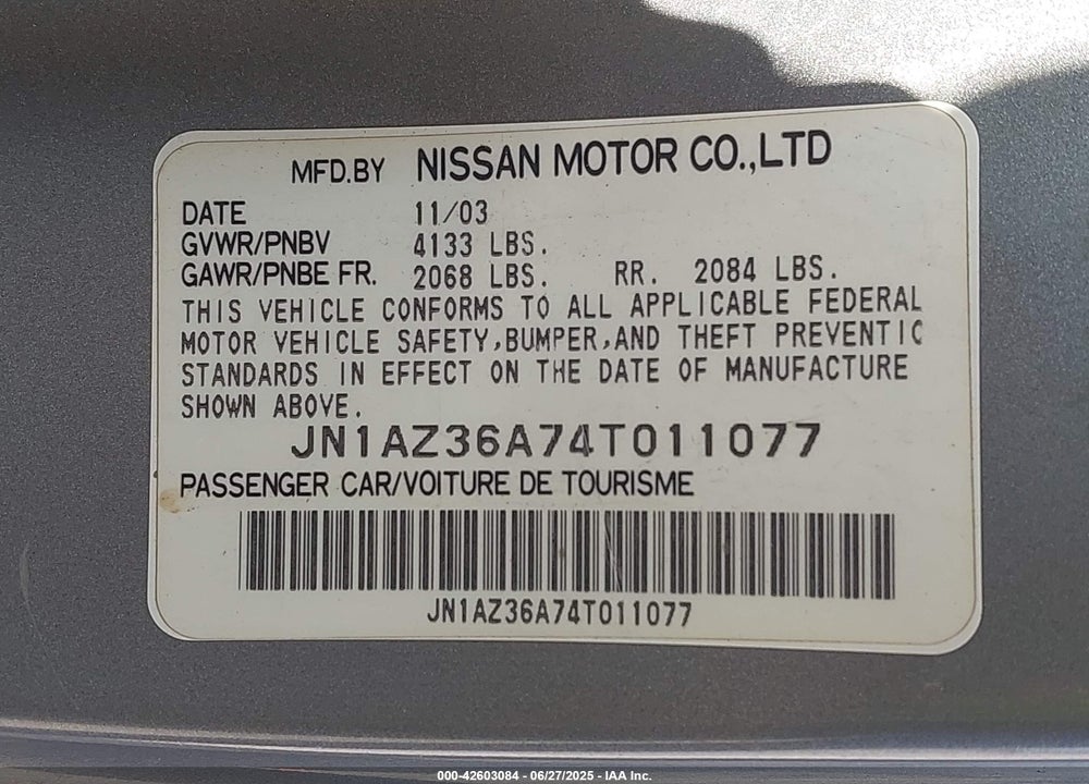 2004 NISSAN 350Z TOURING VIN: JN1AZ36A74T011077