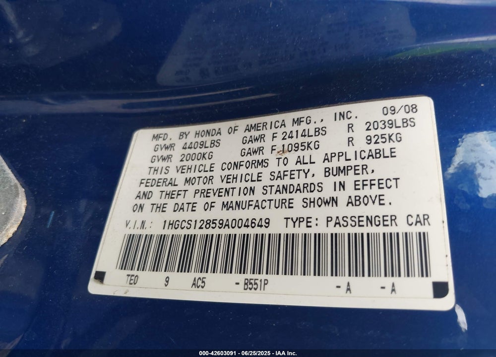 2009 HONDA ACCORD VIN: 1HGCS12859A004649