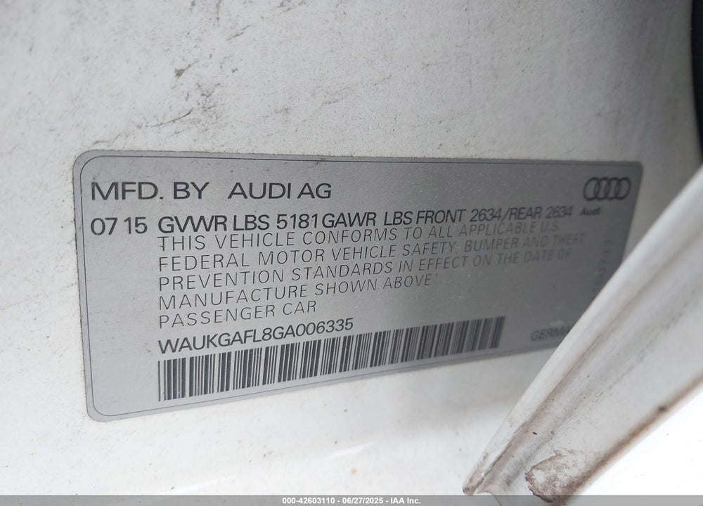 2016 AUDI S4 VIN: WAUKGAFL8GA006335