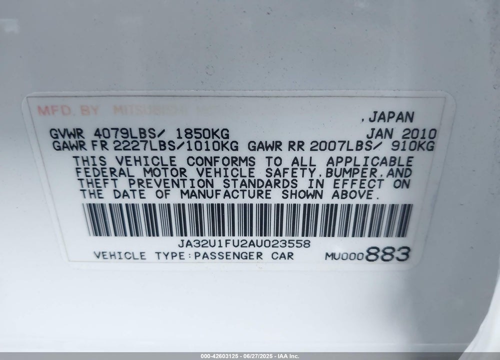 2010 MITSUBISHI LANCER VIN: JA32U1FU2AU023558