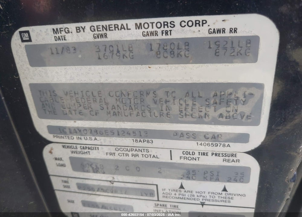1984 CHEVROLET CORVETTE VIN: 1G1AY0786E5124513