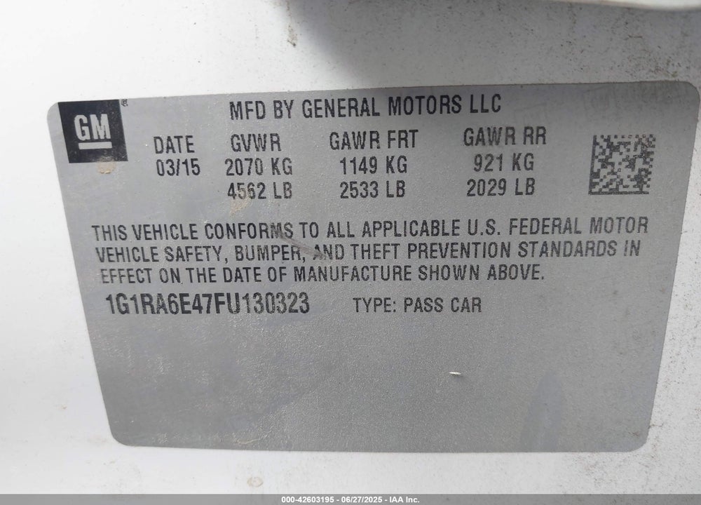 2015 CHEVROLET VOLT VIN: 1G1RA6E47FU130323