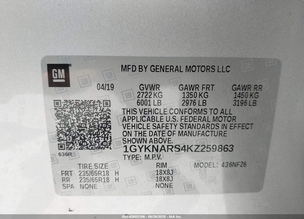 2019 CADILLAC XT5 VIN: 1GYKNARS4KZ259863