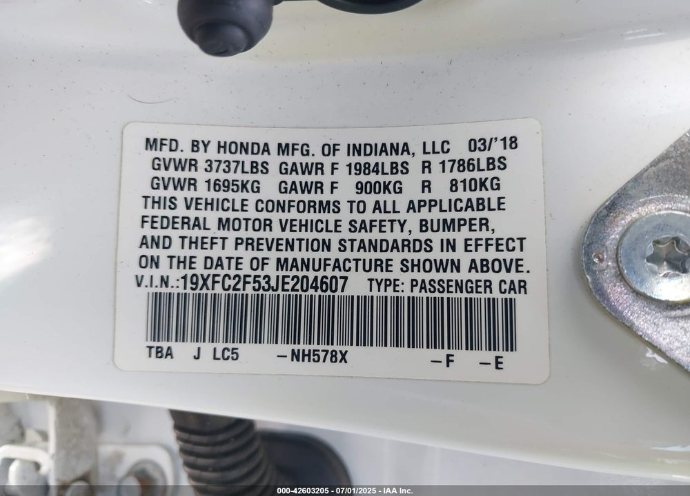 2018 HONDA CIVIC VIN: 19XFC2F53JE204607