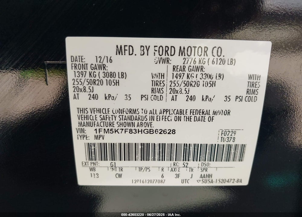 2017 FORD EXPLORER VIN: 1FM5K7F83HGB62628