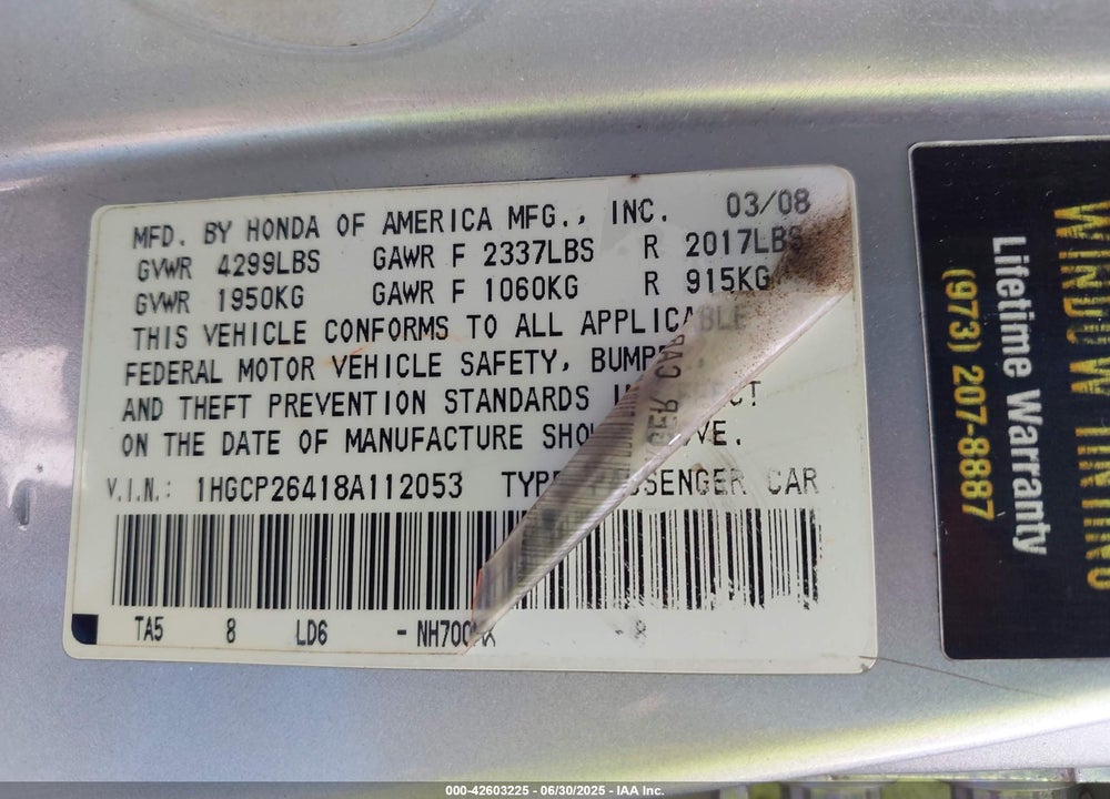 2008 HONDA ACCORD VIN: 1HGCP26418A112053