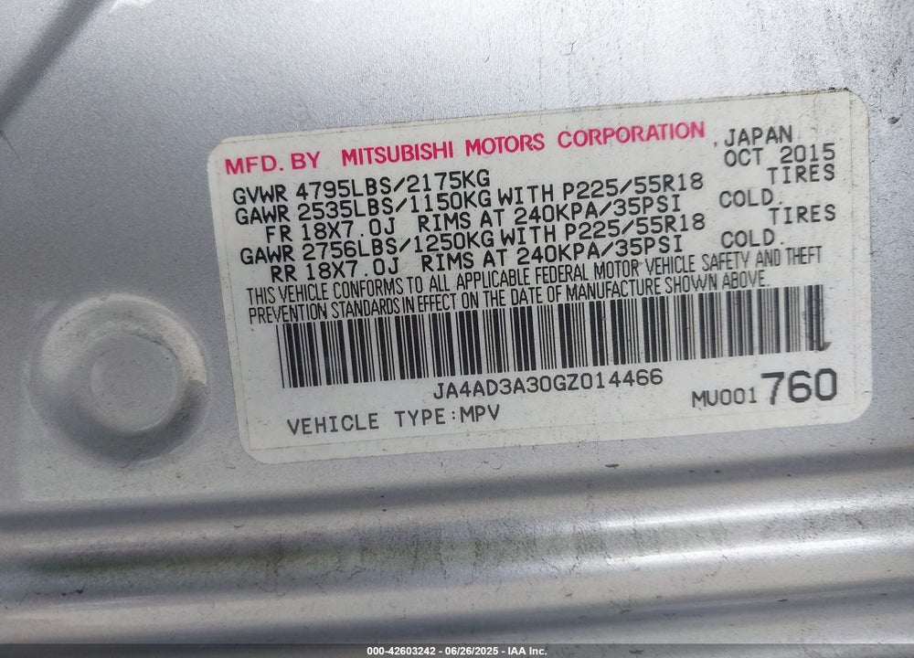 2016 MITSUBISHI OUTLANDER VIN: JA4AD3A30GZ014466