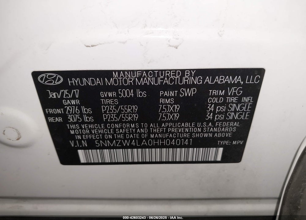 2017 HYUNDAI SANTA FE SPORT VIN: 5NMZW4LA0HH040141