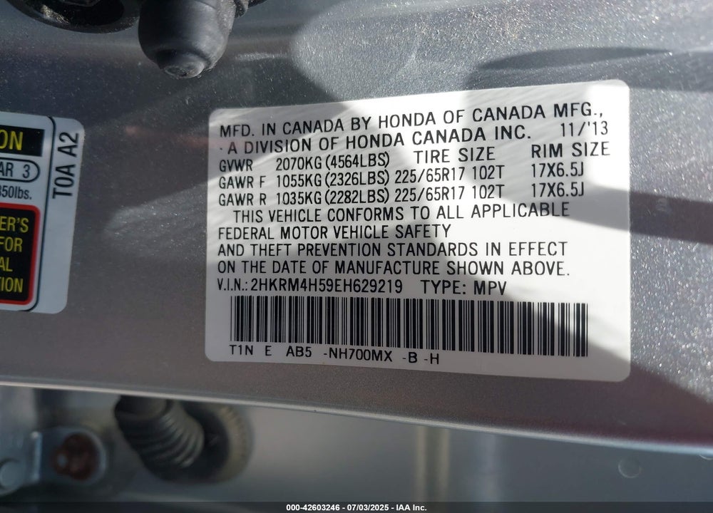 2014 HONDA CR-V EX VIN: 2HKRM4H59EH629219