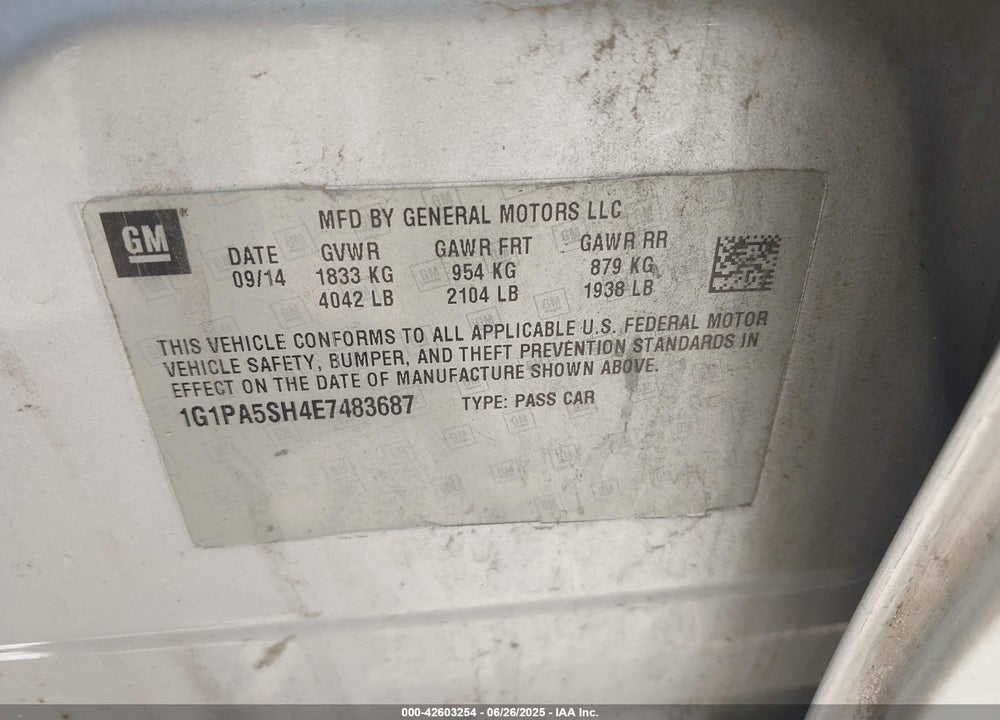 2014 CHEVROLET CRUZE VIN: 1G1PA5SH4E7483687