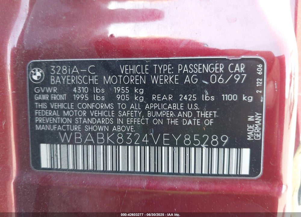 1997 BMW 328IC VIN: WBABK8324VEY85289
