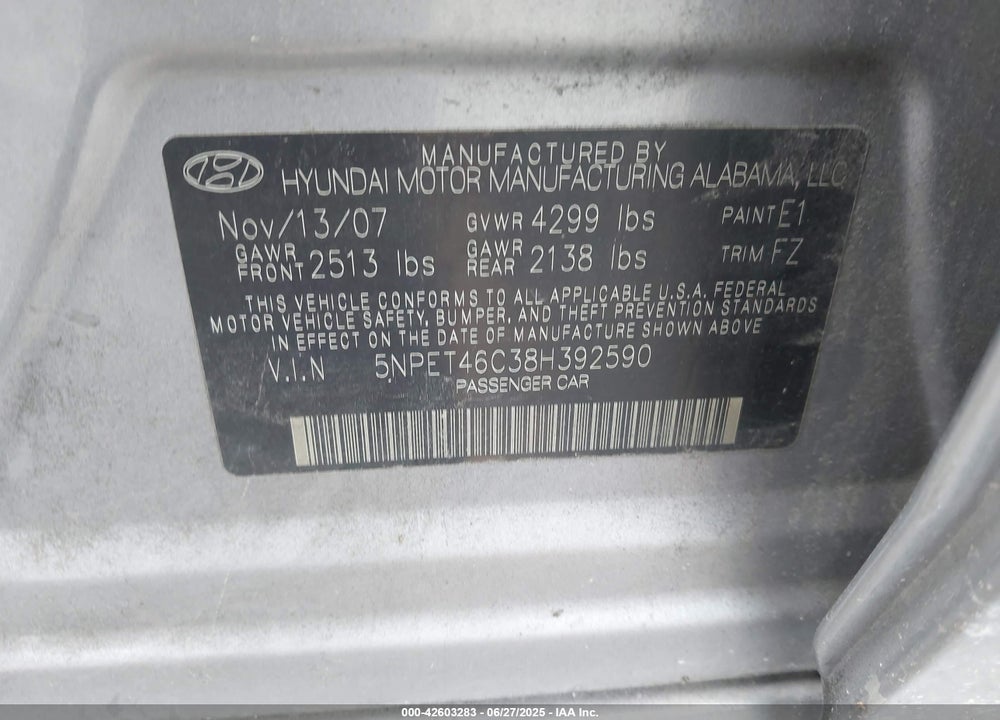 2008 HYUNDAI SONATA VIN: 5NPET46C38H392590