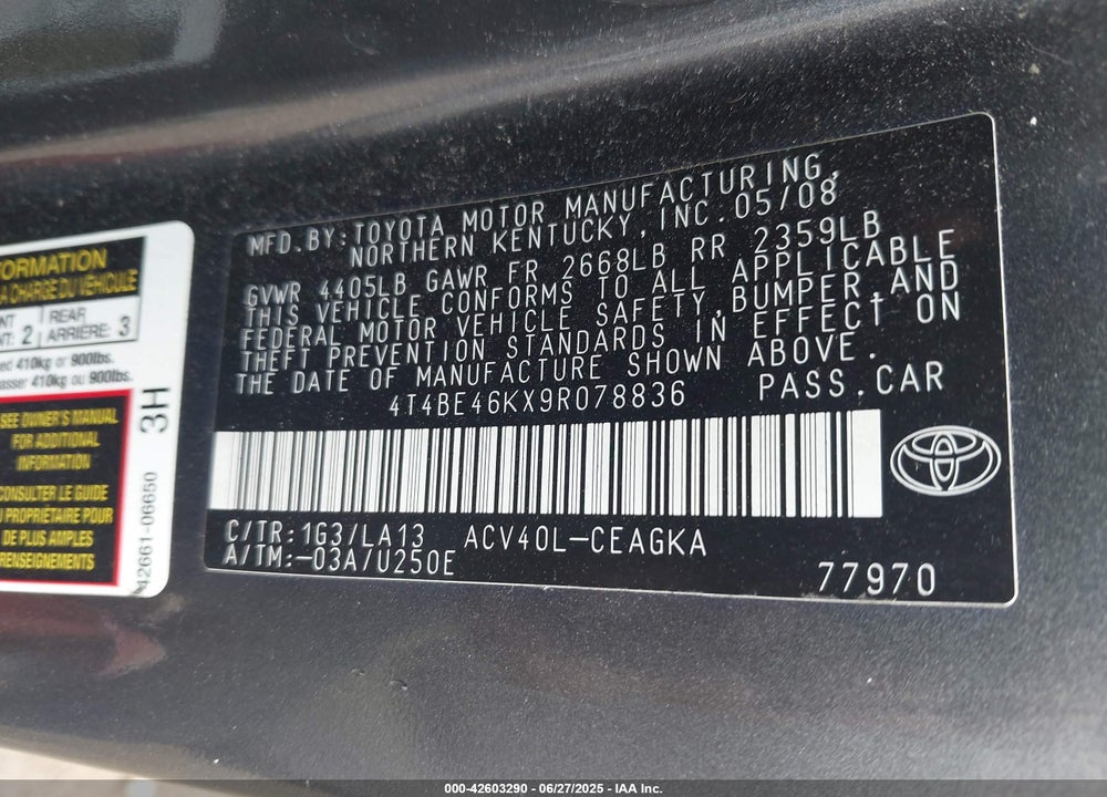 2009 TOYOTA CAMRY VIN: 4T4BE46KX9R078836