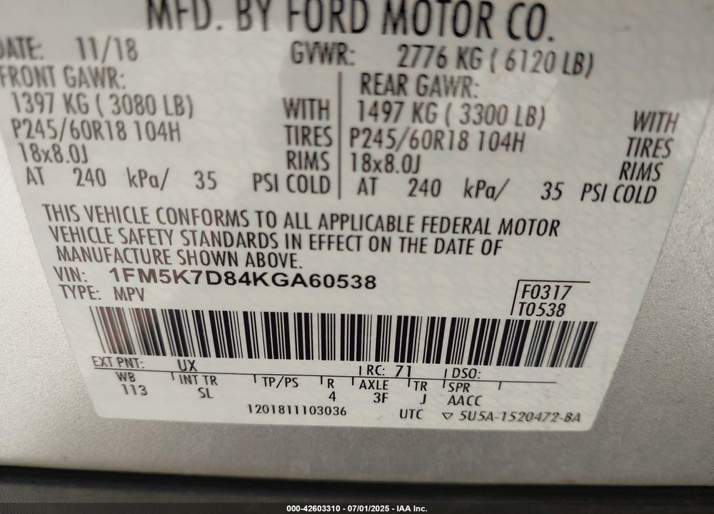 2019 FORD EXPLORER XLT FWD VIN: 1FM5K7D84KGA60538