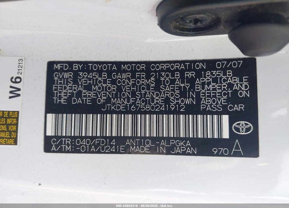 2008 SCION TC VIN: JTKDE167580241912