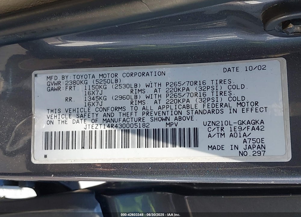 2003 TOYOTA 4RUNNER SR5 V8 VIN: JTEZT14R430005182