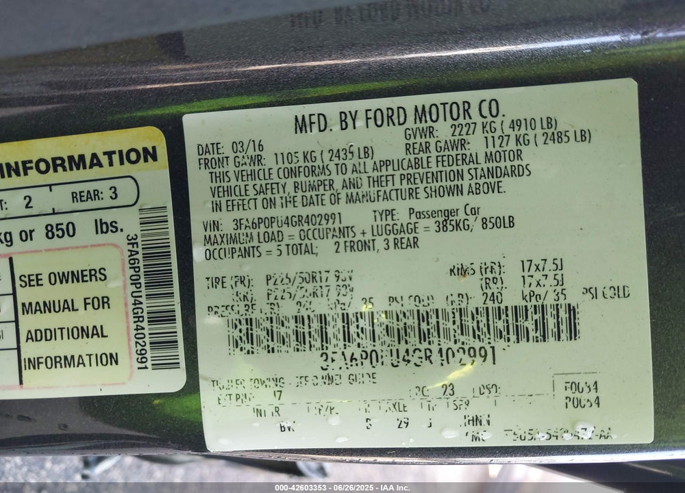 2016 FORD FUSION ENERGI VIN: 3FA6P0PU4GR402991
