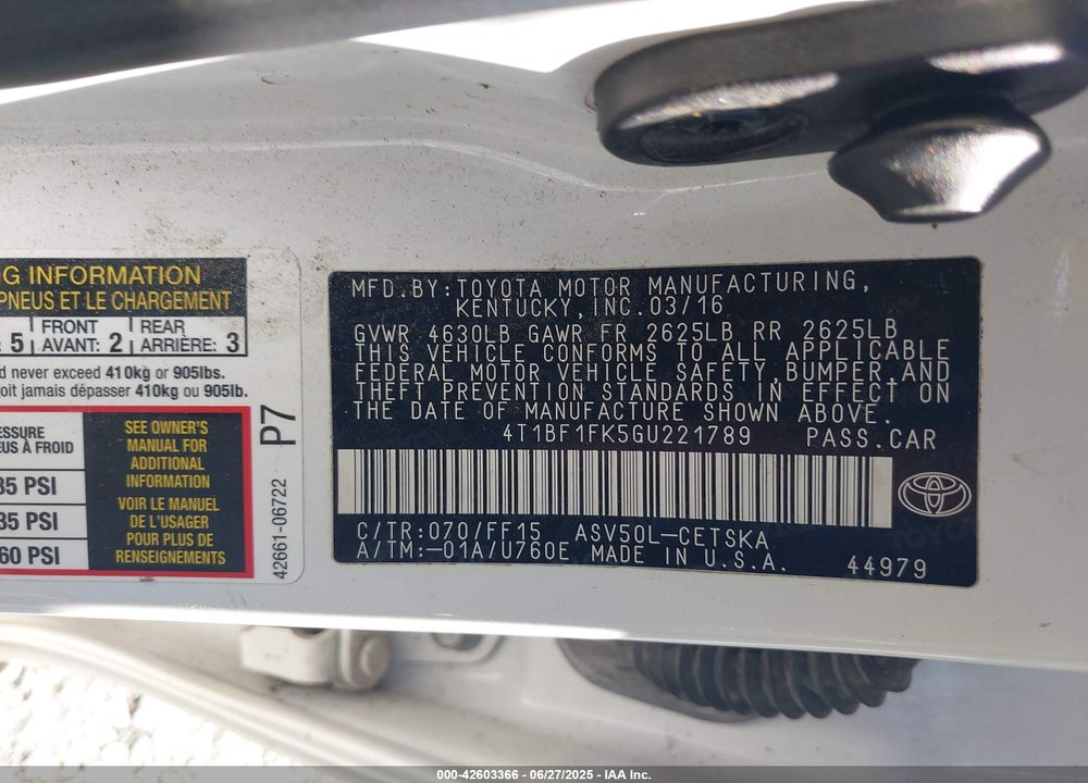 2016 TOYOTA CAMRY VIN: 4T1BF1FK5GU221789