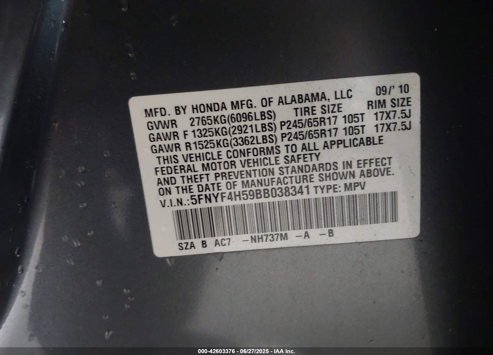 2011 HONDA PILOT EX-L VIN: 5FNYF4H59BB038341