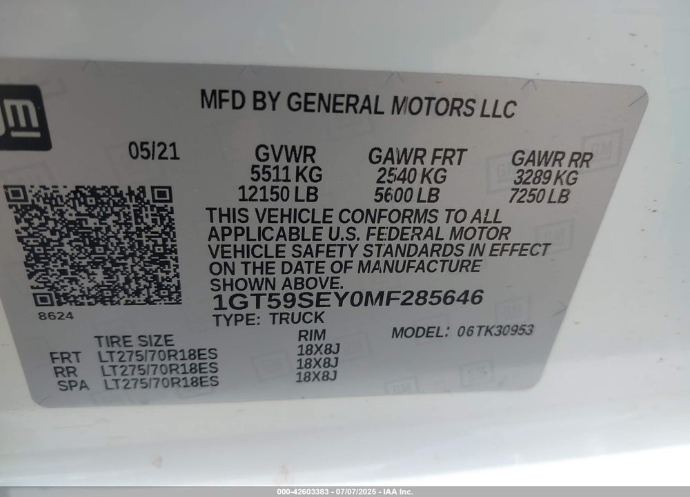 2021 GMC SIERRA 3500HD 4WD DOUBLE CAB LONG BED VIN: 1GT59SEY0MF285646
