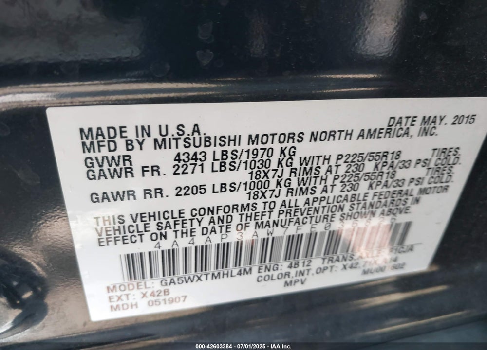 2015 MITSUBISHI OUTLANDER SPORT VIN: 4A4AP3AW7FE036826