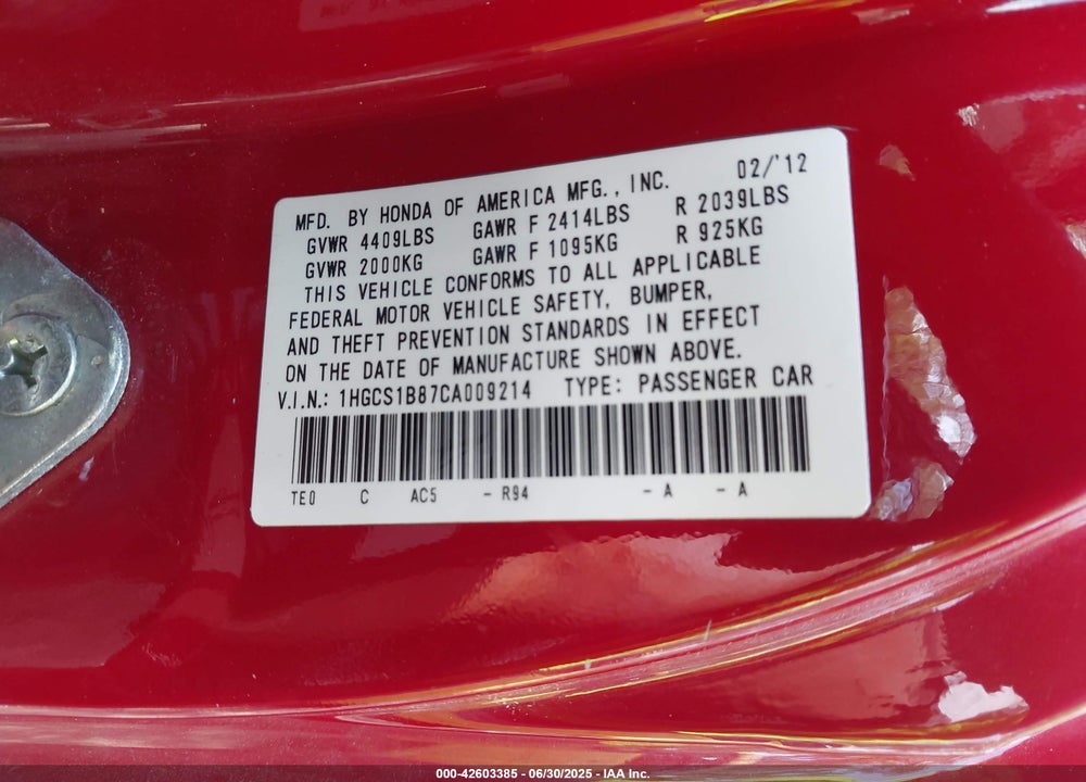 2012 HONDA ACCORD VIN: 1HGCS1B87CA009214