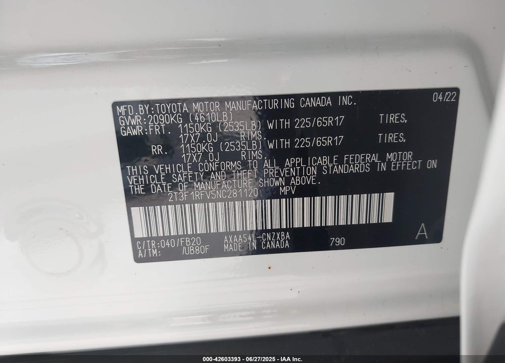 2022 TOYOTA RAV4 VIN: 2T3F1RFV5NC281120
