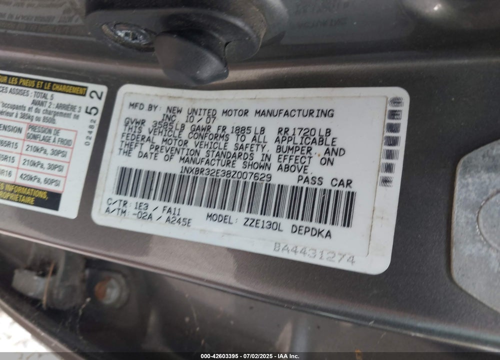 2008 TOYOTA COROLLA VIN: 1NXBR32E38Z007629