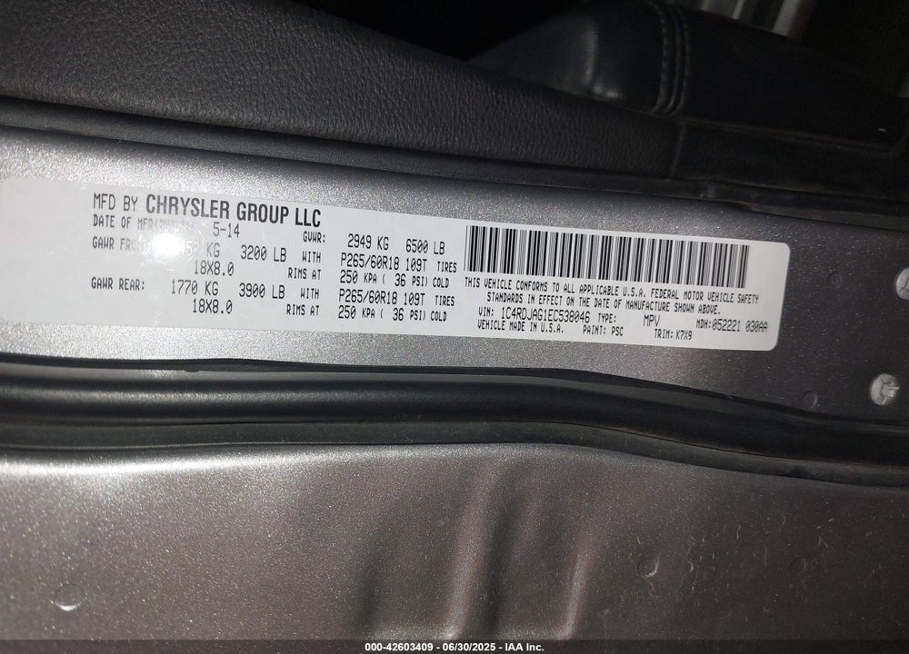 2014 DODGE DURANGO VIN: 1C4RDJAG1EC538046