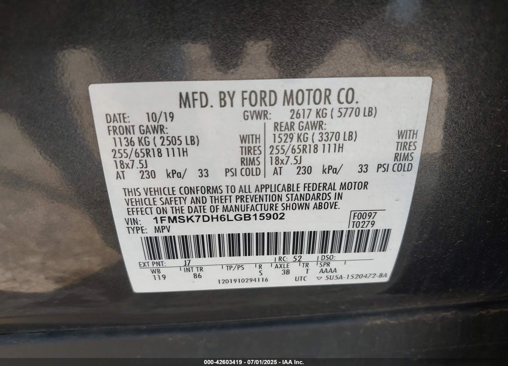 2020 FORD EXPLORER VIN: 1FMSK7DH6LGB15902