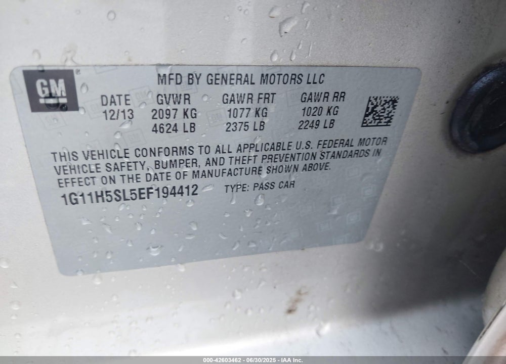 2014 CHEVROLET MALIBU VIN: 1G11H5SL5EF194412