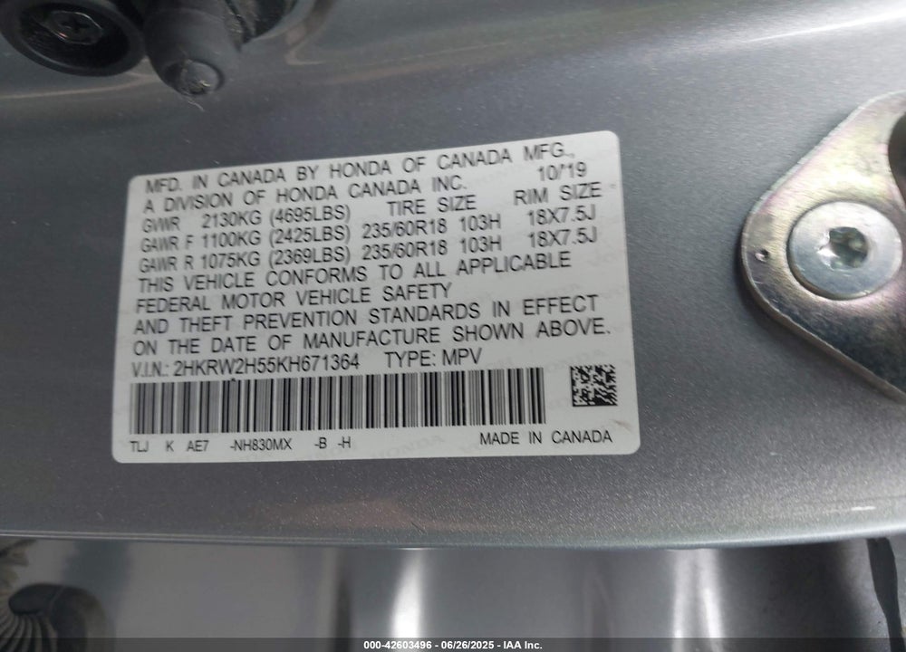 2019 HONDA CR-V EX VIN: 2HKRW2H55KH671364