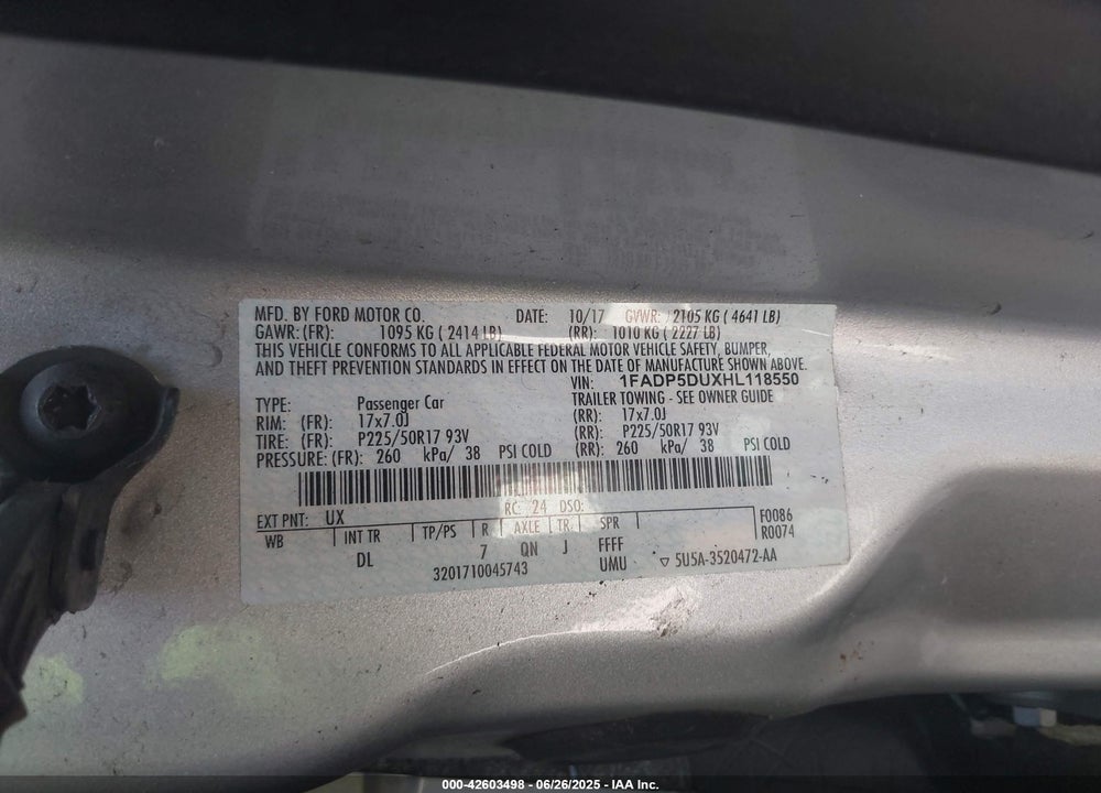 2017 FORD C-MAX HYBRID VIN: 1FADP5DUXHL118550