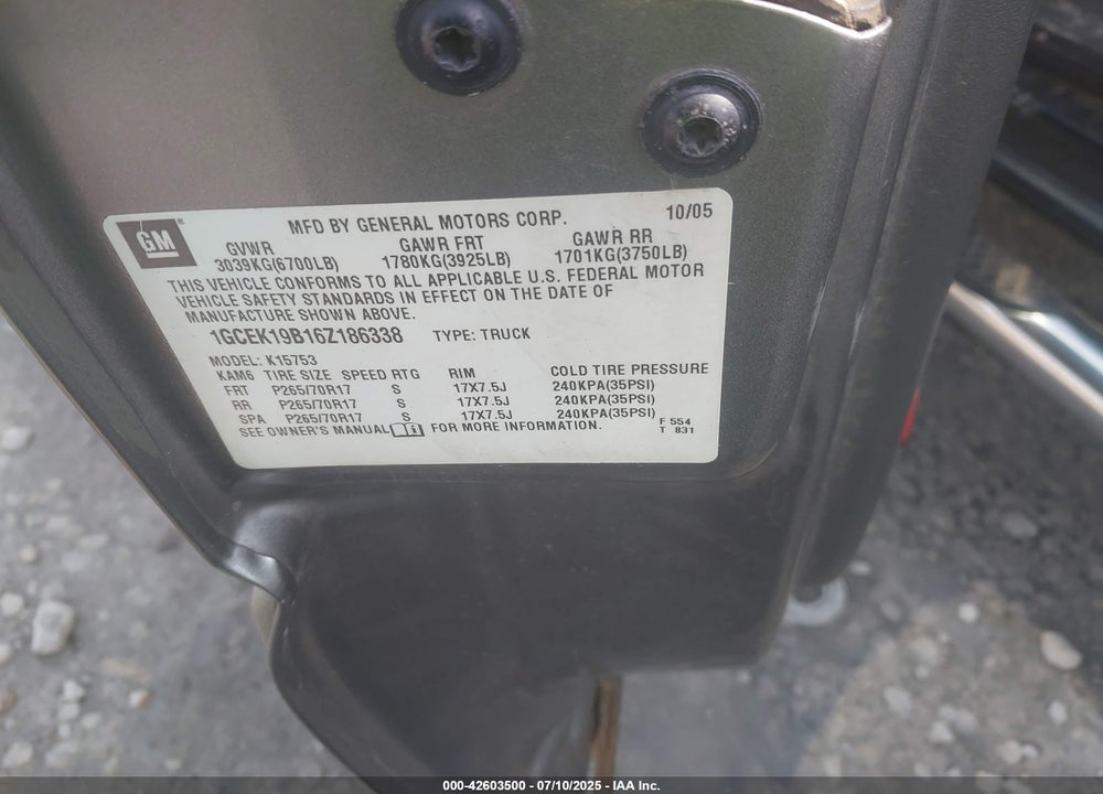 2006 CHEVROLET SILVERADO 1500 VIN: 1GCEK19B16Z186338