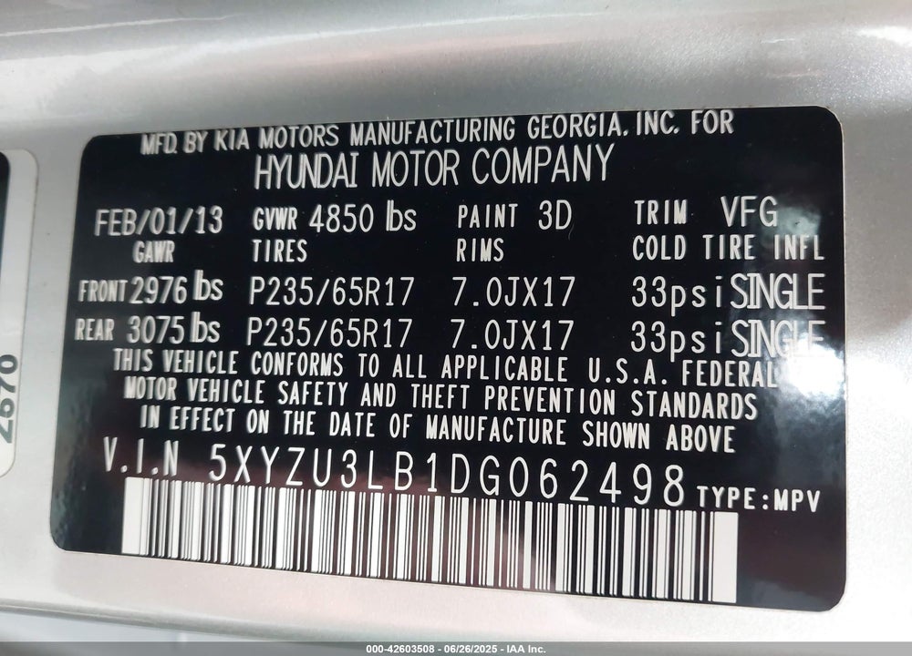 2013 HYUNDAI SANTA FE VIN: 5XYZU3LB1DG062498