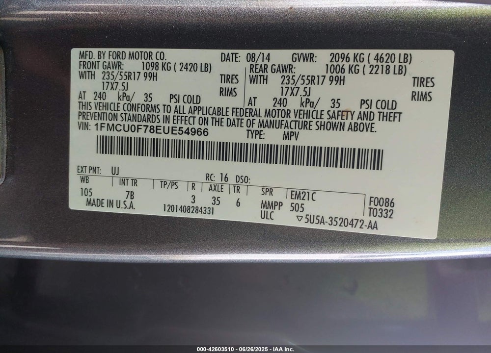 2014 FORD ESCAPE VIN: 1FMCU0F78EUE54966