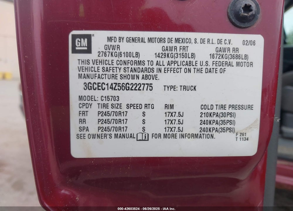 2006 CHEVROLET SILVERADO 1500 LT1 VIN: 3GCEC14Z56G222775
