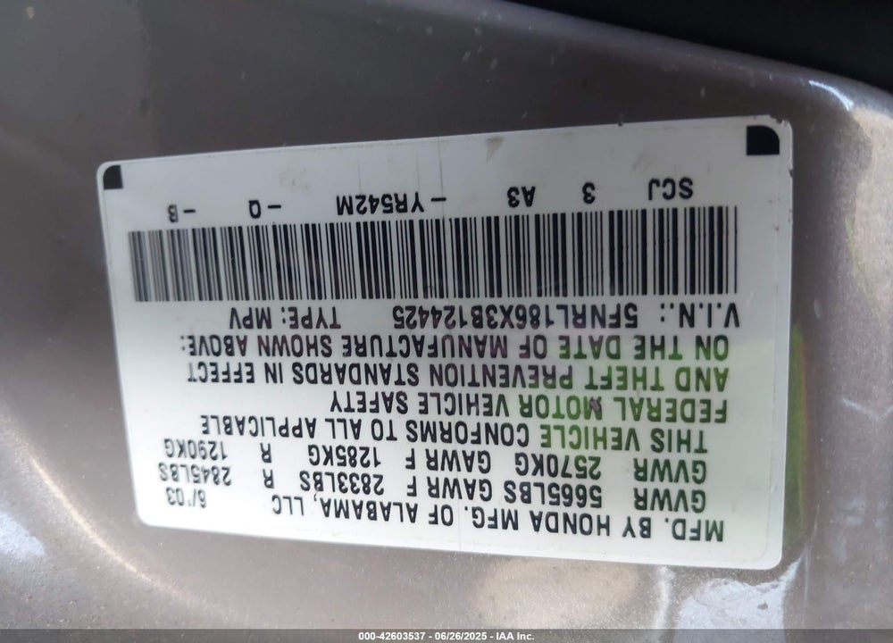 2003 HONDA ODYSSEY VIN: 5FNRL186X3B124425