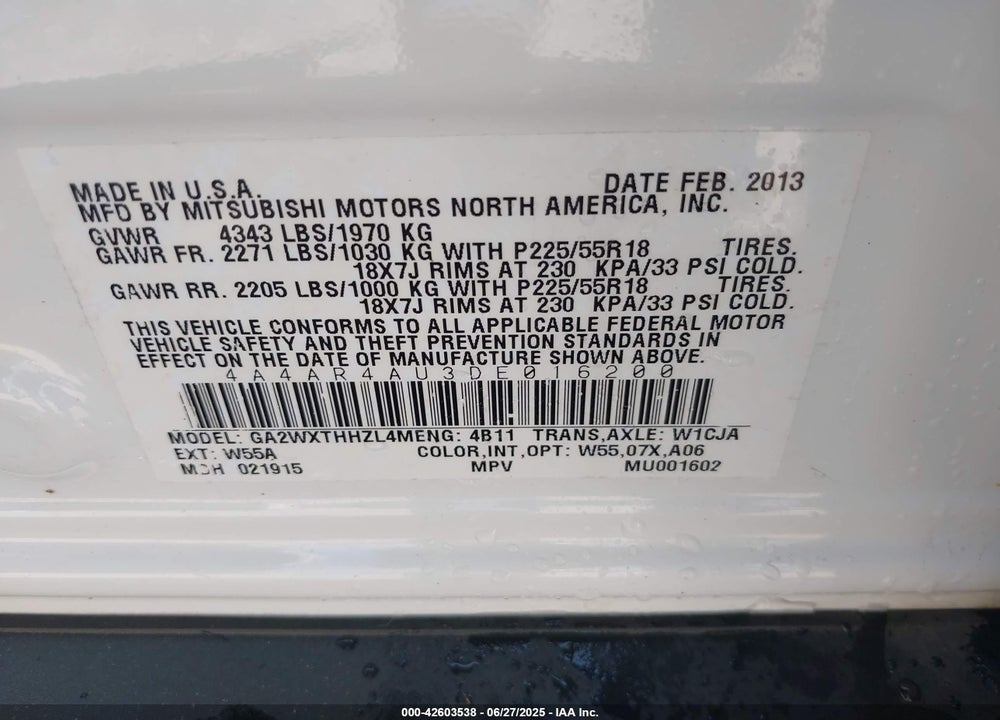 2013 MITSUBISHI OUTLANDER SPORT VIN: 4A4AR4AU3DE016200