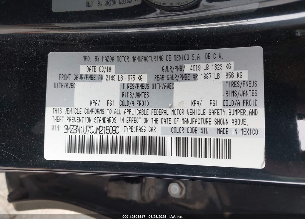 2018 MAZDA 3 VIN: 3MZBN1U70JM215090