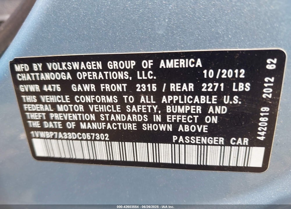 2013 VOLKSWAGEN PASSAT 2.5L SE VIN: 1VWBP7A33DC057302