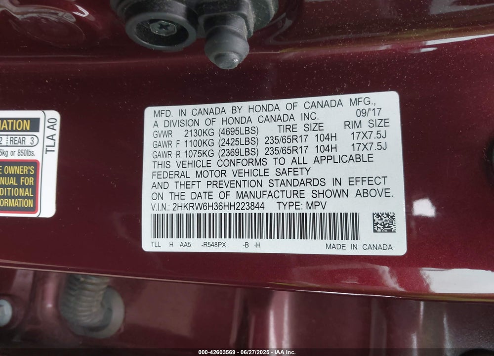 2017 HONDA CR-V VIN: 2HKRW6H36HH223844