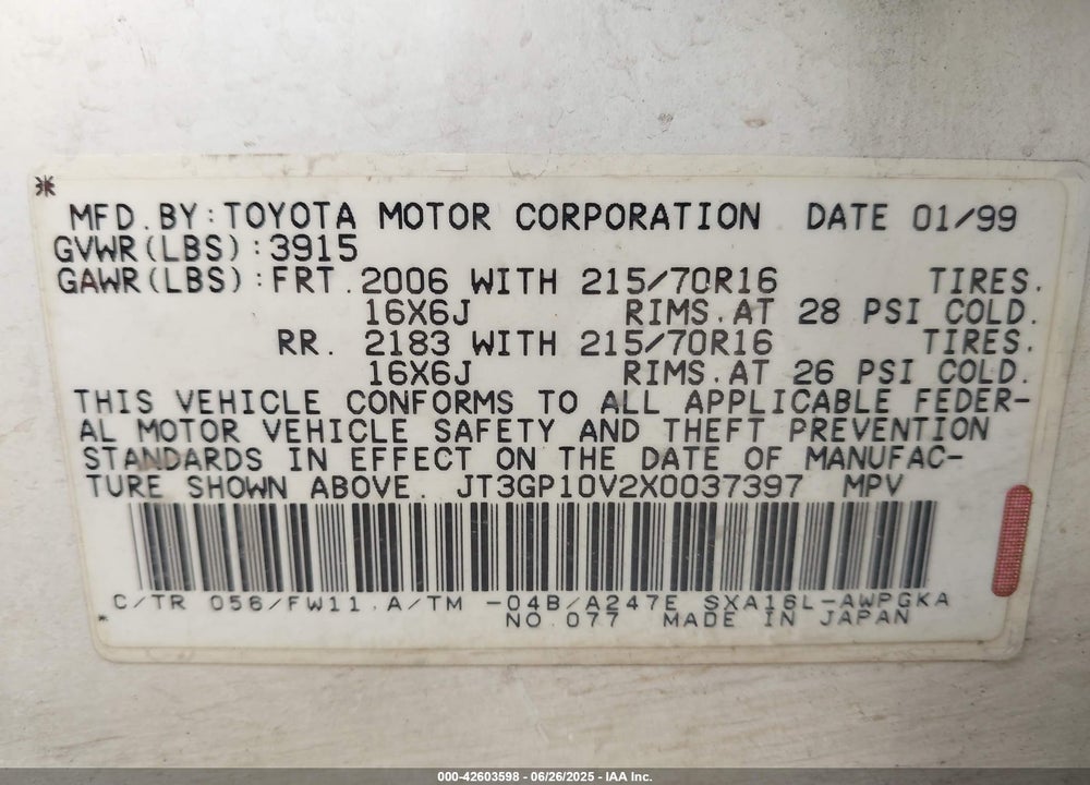 1999 TOYOTA RAV4 VIN: JT3GP10V2X0037397