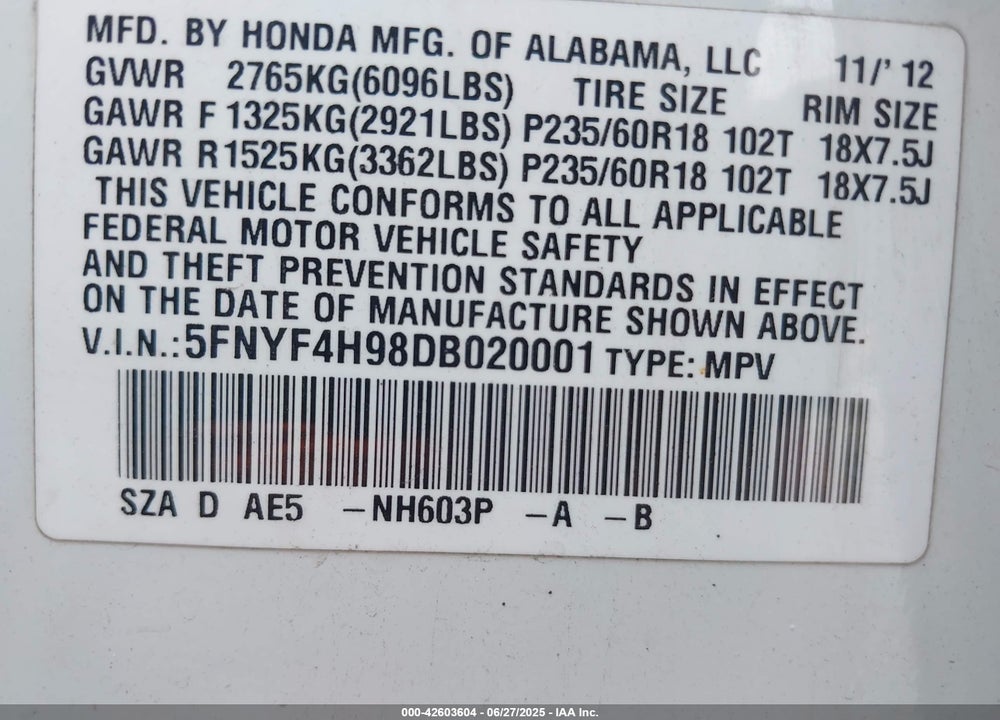 2013 HONDA PILOT VIN: 5FNYF4H98DB020001