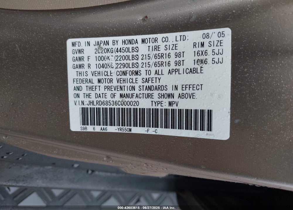 2006 HONDA CR-V VIN: JHLRD68536C000020