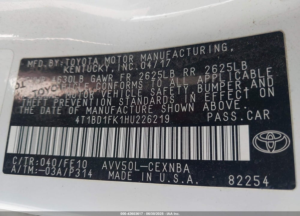 2017 TOYOTA CAMRY HYBRID LE VIN: 4T1BD1FK1HU226219