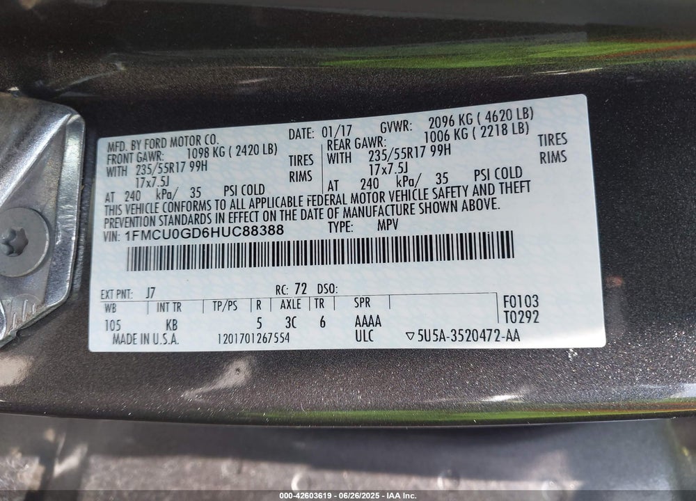 2017 FORD ESCAPE VIN: 1FMCU0GD6HUC88388