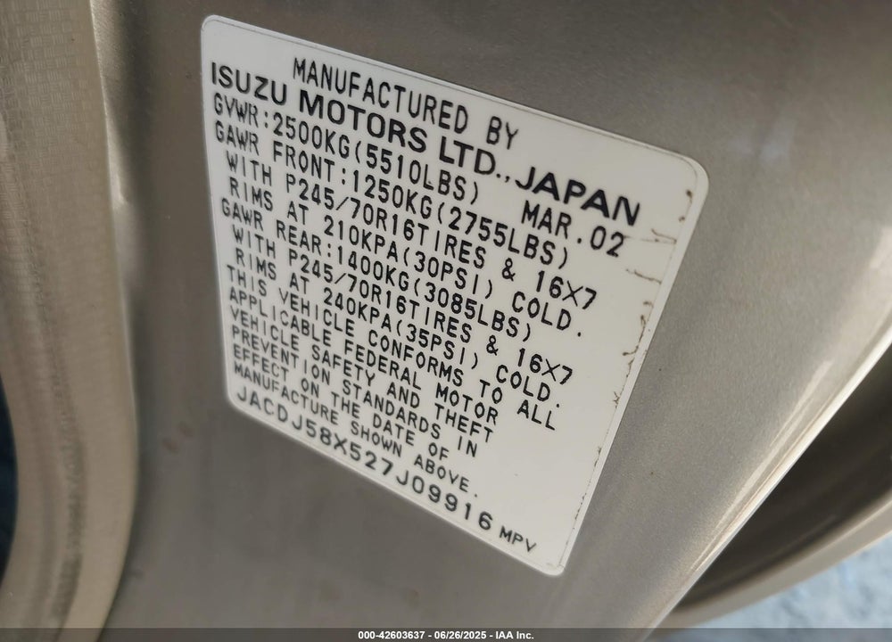 2002 ISUZU TROOPER LIMITED/LS/S VIN: JACDJ58X527J09916