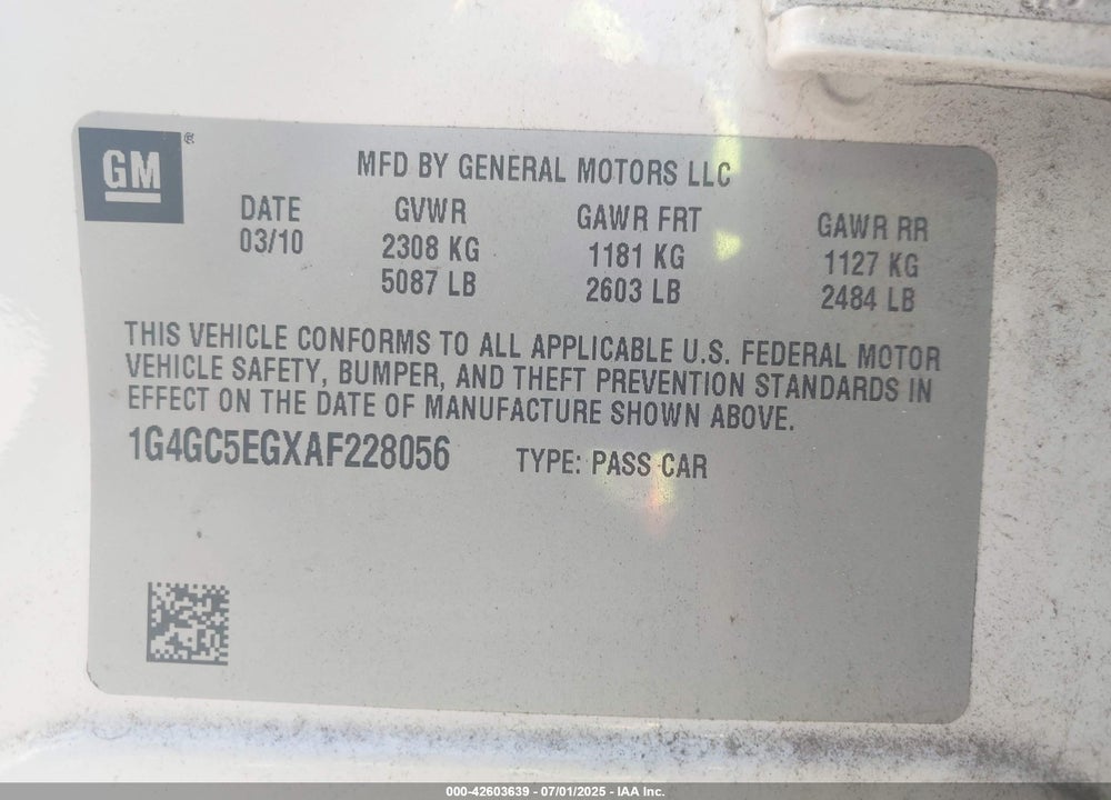 2010 BUICK LACROSSE VIN: 1G4GC5EGXAF228056